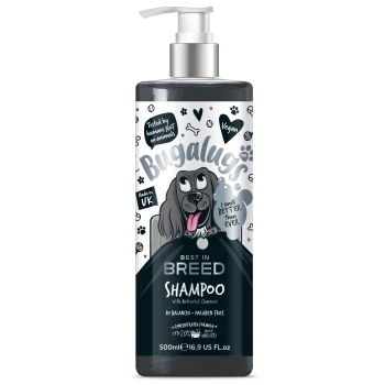 Flasche Bugalugs Best in Breed Shampoo mit aktivierter Kohle, Cartoon-Hund, veganes Etikett, pH-ausgeglichen und ohne Parabene.