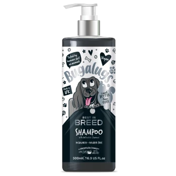 Flasche Bugalugs Best in Breed Shampoo mit aktivierter Kohle, Cartoon-Hund, veganes Etikett, pH-ausgeglichen und ohne Parabene.