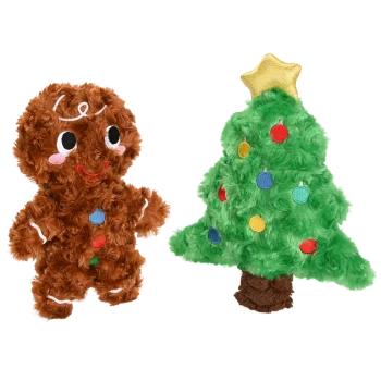 Plüschspielzeuge für Haustiere in Form eines lächelnden Lebkuchenmanns und eines dekorierten Weihnachtsbaums mit gelbem Stern an der Spitze.
