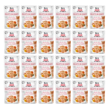 Paczki Brit Care Fillets w sosie dla dorosłych kotów, z delikatnym indykiem i smacznym łososiem, wyeksponowane w układzie siatki.