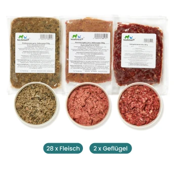 Gefrorene Tiernahrungsverpackungen mit Etiketten, einschließlich 28 Rind- und 2 Geflügeloptionen, die neben Schalen mit rohem Fleisch angezeigt werden.