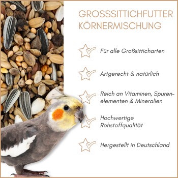 Nymphensittich neben gemischtem Vogelfutter mit deutschem Text, der tägliche Fütterung, Vielfalt, Qualität und Made in Germany hervorhebt.