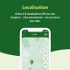 Smartphone affichant une application GPS pour animaux, avec une carte et un marqueur de localisation pour un chat nommé Mila. Le texte indique "Localisation."