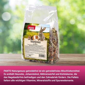 PANTO Naturgenuss Tierfutterbeutel mit einem Kaninchen, Meerschweinchen und Hamster auf dem Etikett, mit einer Beschreibung seiner getreidefreien Zutaten.