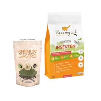 Eine Tüte "Ich liebe meine Katze" Insekten-basiertes Futter, beschriftet mit "INSEKTEN" neben einem "SHIIMUN GASTRO" Katzenfutterzusatz für gesunde Ernährung.