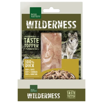 Real Nature Wilderness Taste Topper 100% Enten-Nassfutter für Hunde mit Wolfsbild auf der Verpackung.