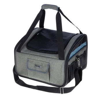 Grau tragbare Haustiertasche mit schwarzem Netzoberteil, verstellbarem Schultergurt und Fronttasche, mit dem Markennamen "KERBL."