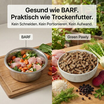 Verpackung von natürlichem Hundefutter mit der Marke "Green Pawly", die Zutaten wie Huhn, Superfoods und Nährwertinformationen auf Deutsch auflistet.
