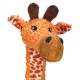 Orange curly plush giraffe toy with spotted neck, large stitched snout and brown horns