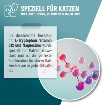 Ergänzungsfuttermittel für Katzen mit L-Tryptophan, Vitamin B12 & Magnesium für starke Katzennerven in jeder Situation, Text auf Deutsch.