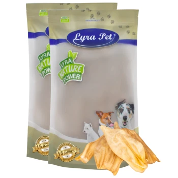 Lyra Pet Hundeleckerlipackung mit transparentem Design, das einen Hund, eine Katze und einen kleinen Hund zeigt. Das Etikett lautet "Lyra Nature Power" und "100% natürlich."