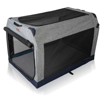 Tragbare Tierbox aus grauem Stoff mit schwarzen Netzpaneelen, mit einer aufrollbaren Tür und einer gepolsterten Bodenmatte.