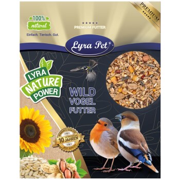 Die Verpackung von Lyra Pet Wild Vogel Futter zeigt Vogelfutter, zwei Vögel, eine Sonnenblume und den Text: "100% natürlich" und "10 Jahren Beste Qualität."