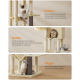 Ein dreistufiger Katzenbaum mit Sisalpfosten, Plüschbällen und einer Bürste, beschriftet mit "Kratzen", "Spielen" und "Pflegen" auf Deutsch.