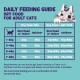Daily feeding guide for adult cats showing recommended dry food portions based on weight and sterilization status, with a playful cat illustration.
