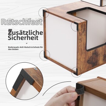 Stylisches Katzenbett und Beistelltisch mit zwei faulen Katzen. Text: "KATZENMÖBEL BETT" und "Katzenbaum für Katzen / Beistelltisch für dich."