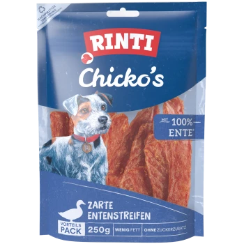 RINTI Chicko's Hundesnack-Pack mit gezeichnetem Hund, sichtbaren Entenstreifen und Aufschriften „100% ENTE“ und „Zarte Entenstreifen“.