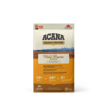 ACANA Wild Prairie Recipe Hundefutterbeutel mit dem Label "Höchster Proteingehalt", mit Details zu Zutaten und ernährungsphysiologischen Vorteilen.
