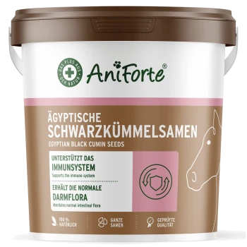 Behälter mit AniForte Ägyptischen Schwarzkümmelsamen, mit Text auf Deutsch über Immununterstützung und Darmgesundheit für Haustiere.