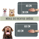Bild von Haustierfüttermatten (48x30 cm, 60x40 cm) mit glücklichen Hund- und Katzenköpfen. Text: "Wähle die richtige Größe."