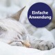 Eine entspannte graue Katze, die auf einer Fensterbank liegt, mit dem Text "Sanfte Ohrenpflege" in der oberen linken Ecke, der auf sanfte Ohrenpflege hinweist.