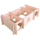 Holzhaustierspielzeug mit drei Fächern und runden Öffnungen, mit einem Hasenlogo auf einer Seite.