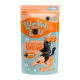 Lucky Lou Katzensnackbeutel in Orange und Türkis, schwarze Katze reitet auf einer Garnele; sichtbarer Text 'GEPIMPT MIT SHRIMP', 'Lucky Lou', 'Protein Power'.