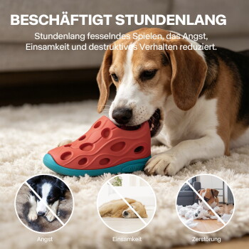 Beagle kaut an einem rot-türkisen Schuhspielzeug auf dem Teppich, Überschrift 'BESCHÄFTIGT STUNDENLANG' und Icons beschriftet mit Angst, Einsamkeit, Zerstörung.
