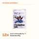 Beutel mit Katzenfutter mit dem Etikett "Huhn mit Forelle Pur", mit einer Grafik einer Katze und eines Fisches, enthält 12 Packungen zu je 85g.