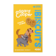 Die Verpackung der Edgard Cooper Bravo Biscuits zeigt einen braunen und grauen Cartoon-Hund mit "Crunch Crunch" und "Kein Zuckerzusatz, wirklich."