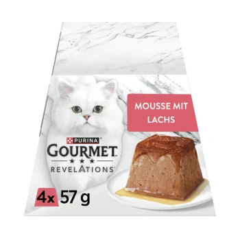 Purina Gourmet Revelations Katzenmousse-Schachtel mit Bild einer weißen Katze und Lachsmousse auf einem Teller; Text: Mousse mit Lachs, 4x57 g.