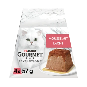 Purina Gourmet Revelations Katzenmousse-Schachtel mit Bild einer weißen Katze und Lachsmousse auf einem Teller; Text: Mousse mit Lachs, 4x57 g.