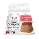 Purina Gourmet Revelations Katzenmousse-Schachtel mit Bild einer weißen Katze und Lachsmousse auf einem Teller; Text: Mousse mit Lachs, 4x57 g.