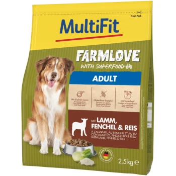 Emballage de nourriture pour chien avec un chien heureux, étiqueté "MultiFit FARMLove avec Superfood", mettant en avant les ingrédients : agneau, fenouil et riz.