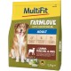 Hundefutterverpackung mit einem glücklichen Hund, beschriftet mit "MultiFit FARMLove mit Superfood", das die Zutaten hervorhebt: Lamm, Fenchel und Reis.