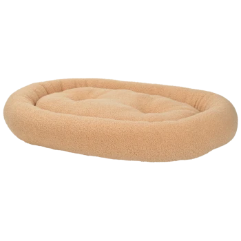 Beiges, ovales Plüsch-Tierbett mit erhöhten Rändern und weichem, gepolstertem Kissen.