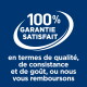 Badge bleu avec spirale blanche affichant « 100% GARANTIE SATISFAIT » et le texte « en termes de qualité, de consistance et de goût, ou nous vous remboursons »