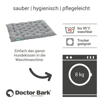 Graues, getuftetes Hundebett mit Waschhinweisen, waschbar bis 95 °C, trocknergeeignet, 8 kg Fassungsvermögen, Doctor Bark Logo.