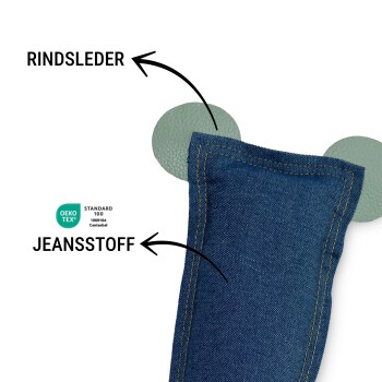 Jeans-Katzenspielzeug mit grünen Lederohren; Pfeile kennzeichnen 'RINDSLEDER' und 'JEANSSTOFF', OEKO-TEX-Logo sichtbar.