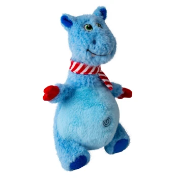 Blue plush hippo toy with green eyes, red and white striped scarf, and red mittens, isolated on white background.