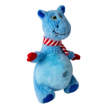 Blue plush hippo toy with green eyes, red and white striped scarf, and red mittens, isolated on white background.