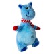Blue plush hippo toy with green eyes, red and white striped scarf, and red mittens, isolated on white background.