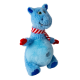 Blue plush hippo toy with green eyes, red and white striped scarf, and red mittens, isolated on white background.