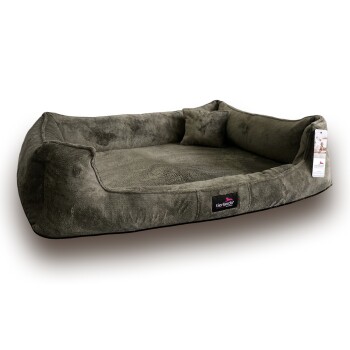 Ein plüschiges, olivgrünes Haustierbett mit erhöhten Seiten und einem kleinen Kissen, mit einem Etikett, das 'tierlando' liest.