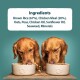 Two golden retrievers eating kibble from beige bowls, with ingredients: Brown Rice, Chicken Meal, Oats, Peas, Oils, Seaweed, Minerals.