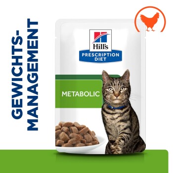 Hill's Prescription Diet Metabolic-Katzenfutterbeutel mit getigerter Katze, Schale mit Nassfutter, orangefarbenem Hühnersymbol und 'GEWICHTS-MANAGEMENT'.