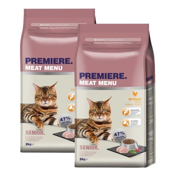 Zwei Beutel Premiere Meat Menu Katzenfutter für Senioren, jeweils 2 kg, mit einer getigerten Katze auf der Vorderseite und 47% Geflügelanteil.