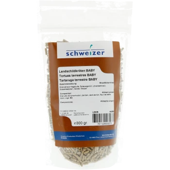 Packung mit Babylandschildkrötenfutter, beschriftet mit "Landschildkröten BABY" und Zutaten in mehreren Sprachen, 300g.