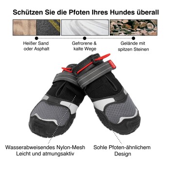 Hundeschuhe, die zum Schutz auf verschiedenen Oberflächen entwickelt wurden, mit wasserabweisendem Nylon-Mesh, leichtem, atmungsaktivem Design und pfotenähnlicher Sohle.
