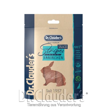 Dr. Clauder's hochwertiger Snack für Haustiere, mit einer Kaninchen-Silhouette, beschriftet mit "Stripes Large Kaninchen," mit den Texten "100% Kaninchen" und "Freshlock."